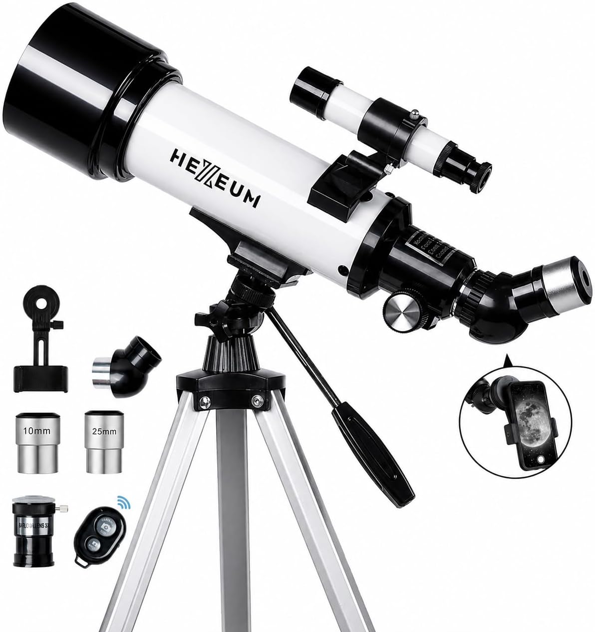 Koolpte Telescope for Kids, 70mm/500mm AZ Refractor for Beginners, White | Portable telescope for kids and beginners to view the Moon and landscapes, with AZ mount, phone adapter, remote and case.
