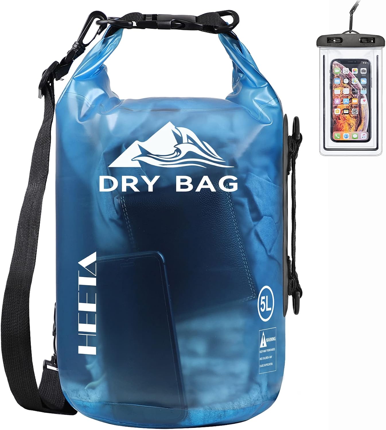 HEETA Dry Bag Waterproof Backpack with Phone Case (Transparent Blue, 5L) | Roll Top Lightweight Dry Storage Bag for Women Men, Travel Boating Kayaking Paddle Board Camping Beach Essentials Accessories