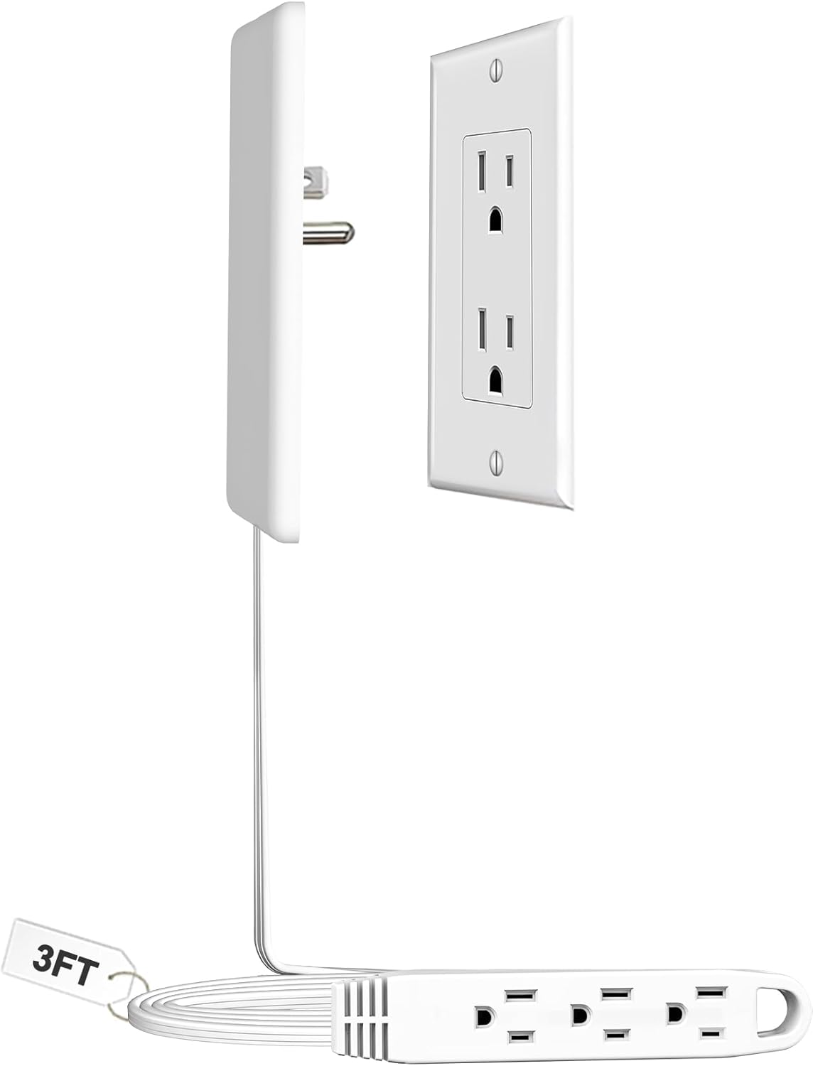 CABOCASA 3FT Flat Plug Extension Cord Power Strip 3 Outlets White Downward