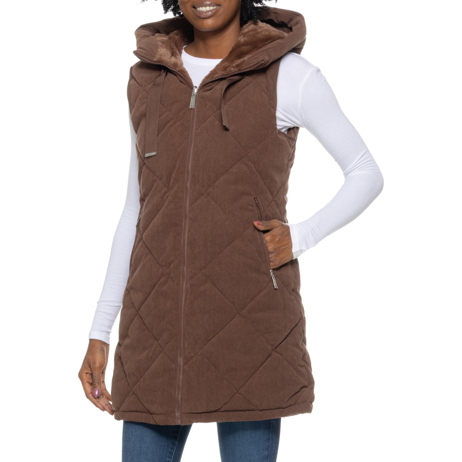 MODERN SUPPLY BY SANCTUARY Corduroy and Faux-Fur Hooded Long Vest - Insulated, Reversible