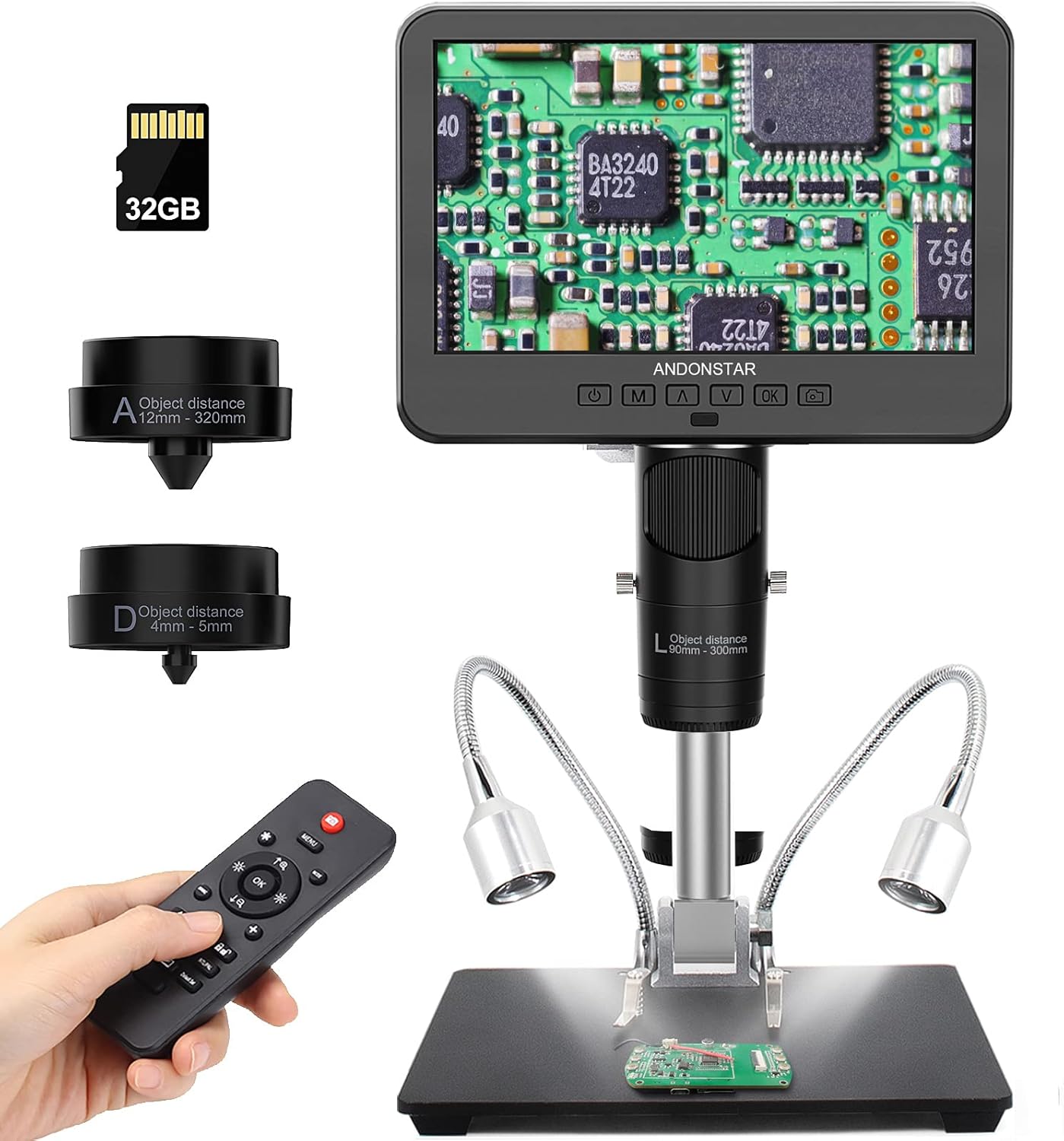 Andonstar AD246S-M 3 Lens 2160P HDMI Digital Microscope 2000x for Adults | 7 Inch LCD Soldering Microscope for Electronics Repair, Error Coins, Pro Boom Arm Stand, Windows Compatible