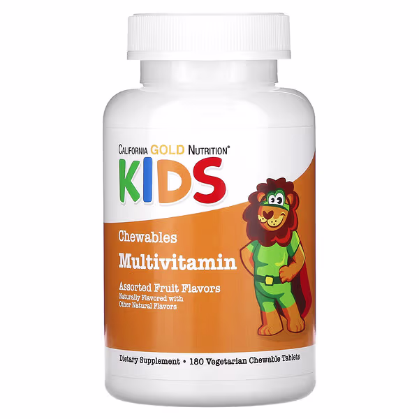 California Gold Nutrition, Chewable Multi-Vitamin with Vitamin A, Vitamin C, Vitamin E and Apple Fruit Powder for Children, Assorted Fruit, 180 Vegetarian Tablets
