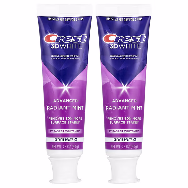 Crest, 3D White Advanced, Fluoride Anticavity Toothpaste, Radiant Mint, 2 Pack, 3.3 oz (93 g) Each