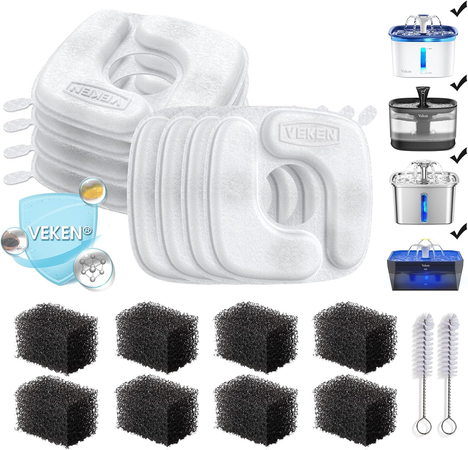 Veken Cat Water Fountain Filters, F1 Series, 8 Pack Replacement Filters | and 8 Pack Replacement Pre-Filter Sponges Set for C1, C1 Classic, D1 & D1 Pro Series Pet Fountain Dog Water Dispenser