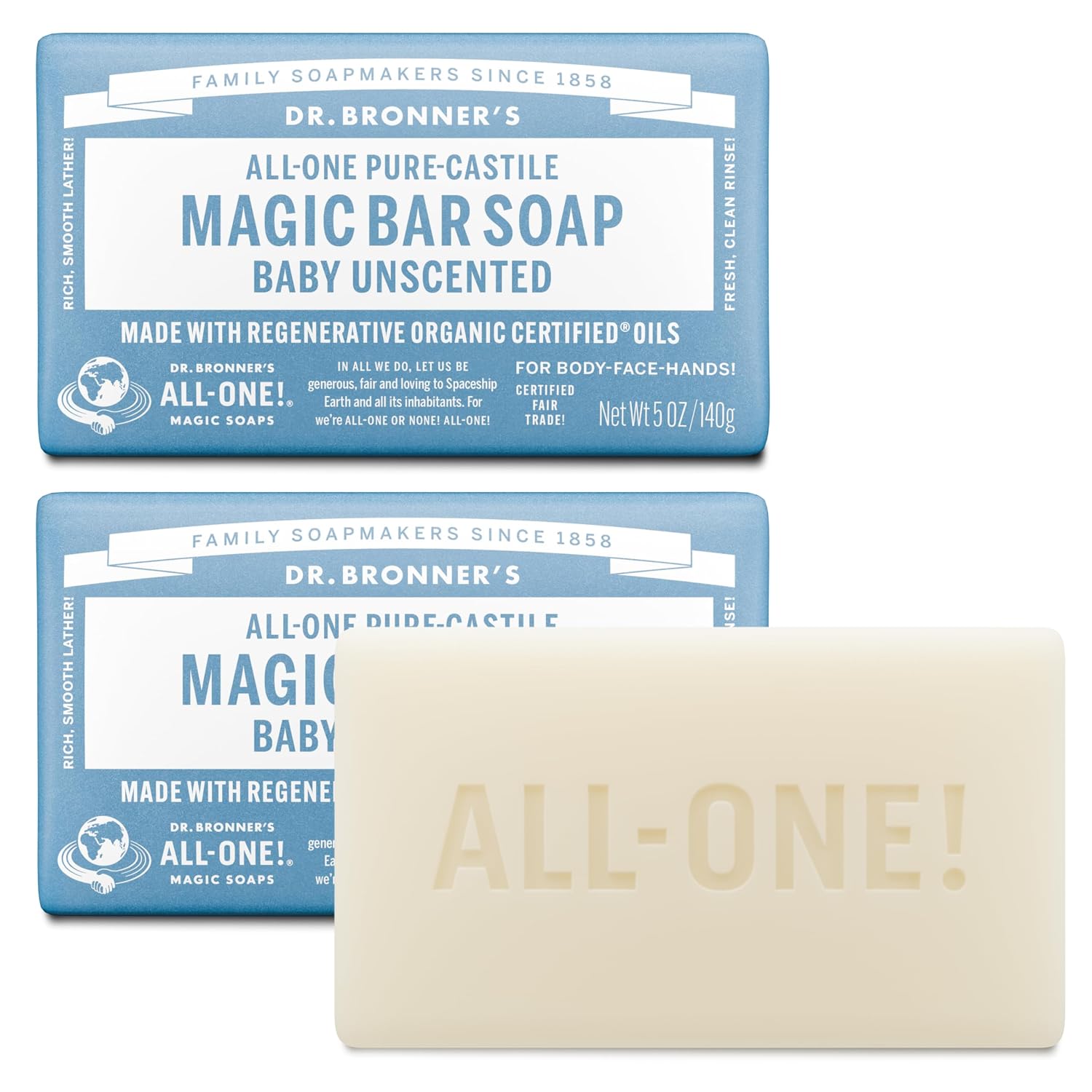 Dr. Bronner's Pure-Castile Bar Soap, Baby Unscented, 5 oz, 2-Pack | Moisturizing Body, Face & Hand Wash for Sensitive Skin, Smooth Rich Lather - Vegan, Non-GMO, Natural & Organic Certified Oils