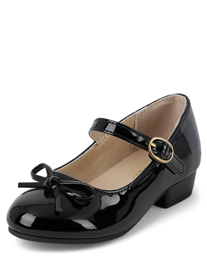 Toddler Girls Bow Faux Patent Leather Low Heel Shoes - black