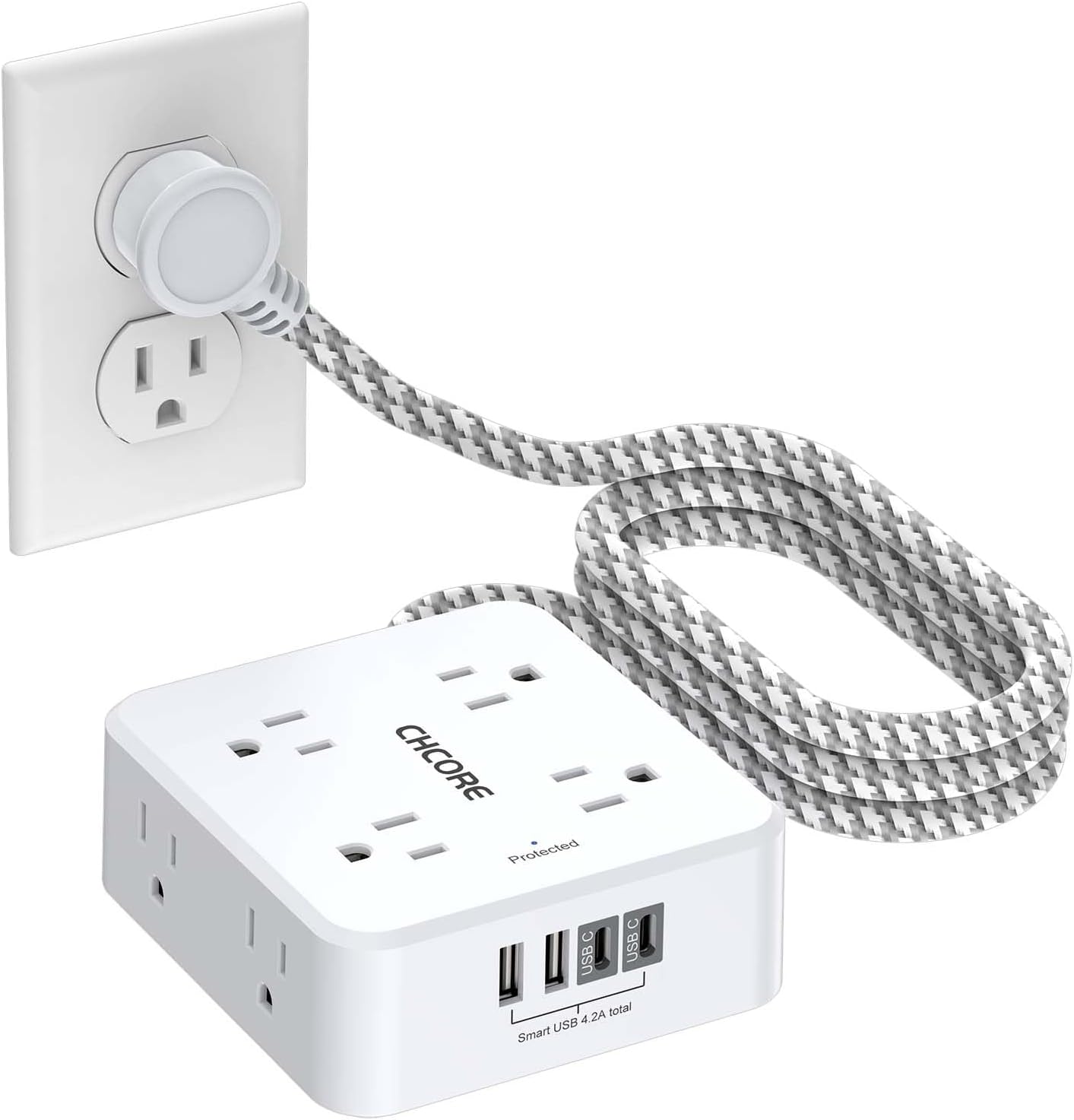 Surge Protector Power Strip - CHCORE 5Ft Braided Extension Cord with 8 Outlets with 4 USB (2 USB C) Charging Ports, Flat Plug Multi Plug Outlet Extender Charging Station for Home Office, ETL, White