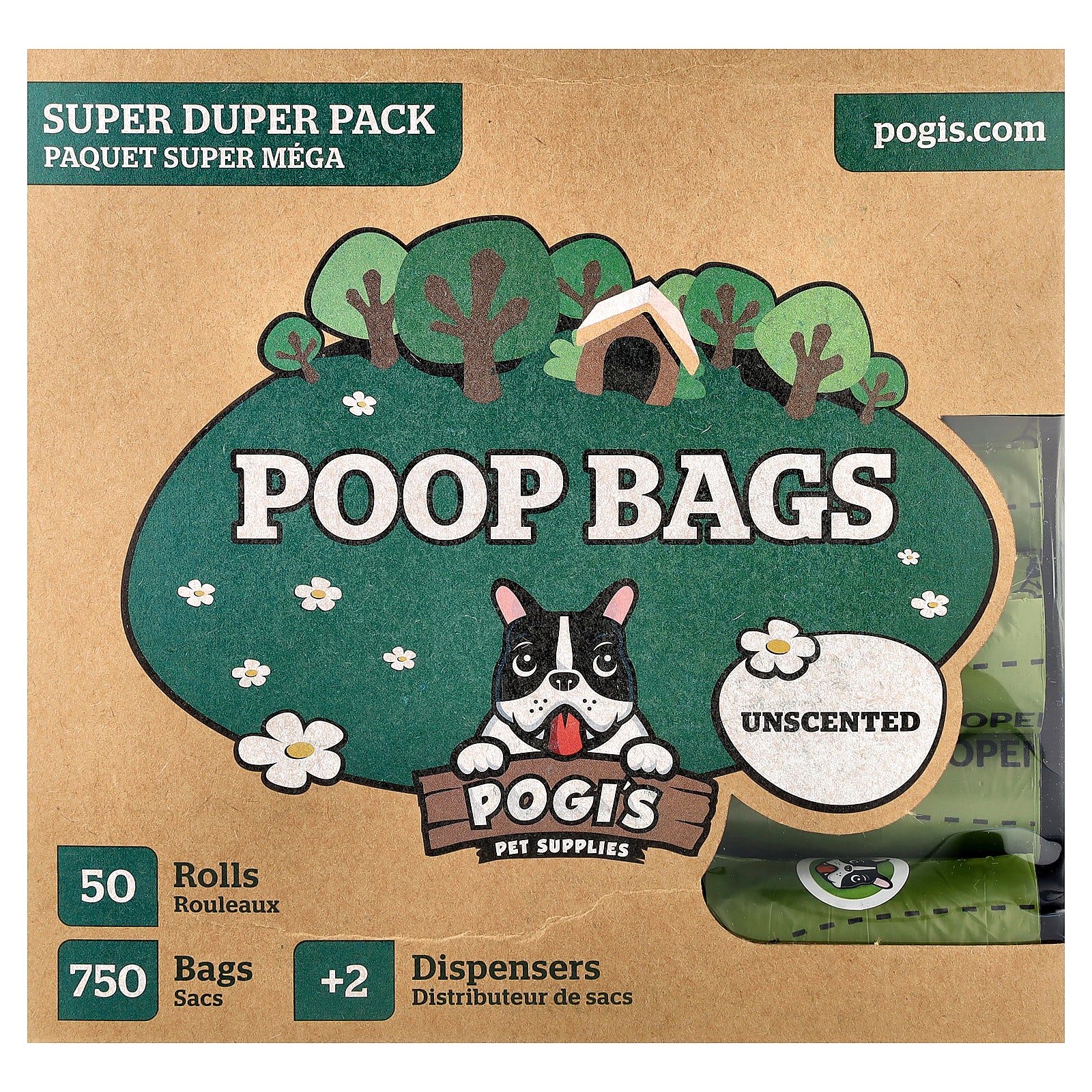 Pogi's Pet Supplies, Poop Bags, Super Duper Pack, Unscented, 50 Rolls, 750 Bags, 2 Dispensers