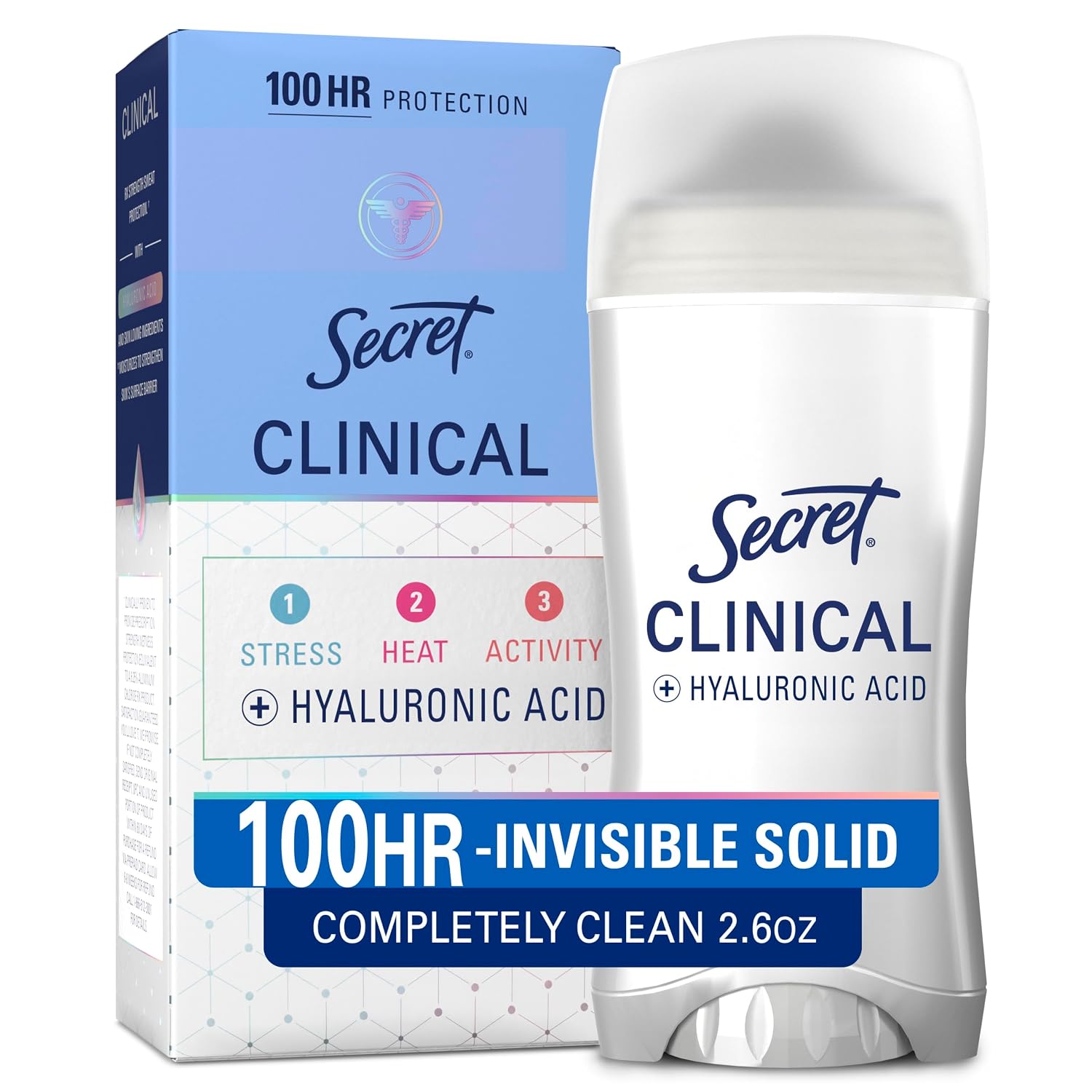 Secret Clinical Strength 100HR Antiperspirant Deodorant for Women, 3X Sweat & Odor Protection vs. Ordinary Antiperspirant, Hyaluronic Acid, Completely Clean, Invisible Solid 2.6 oz