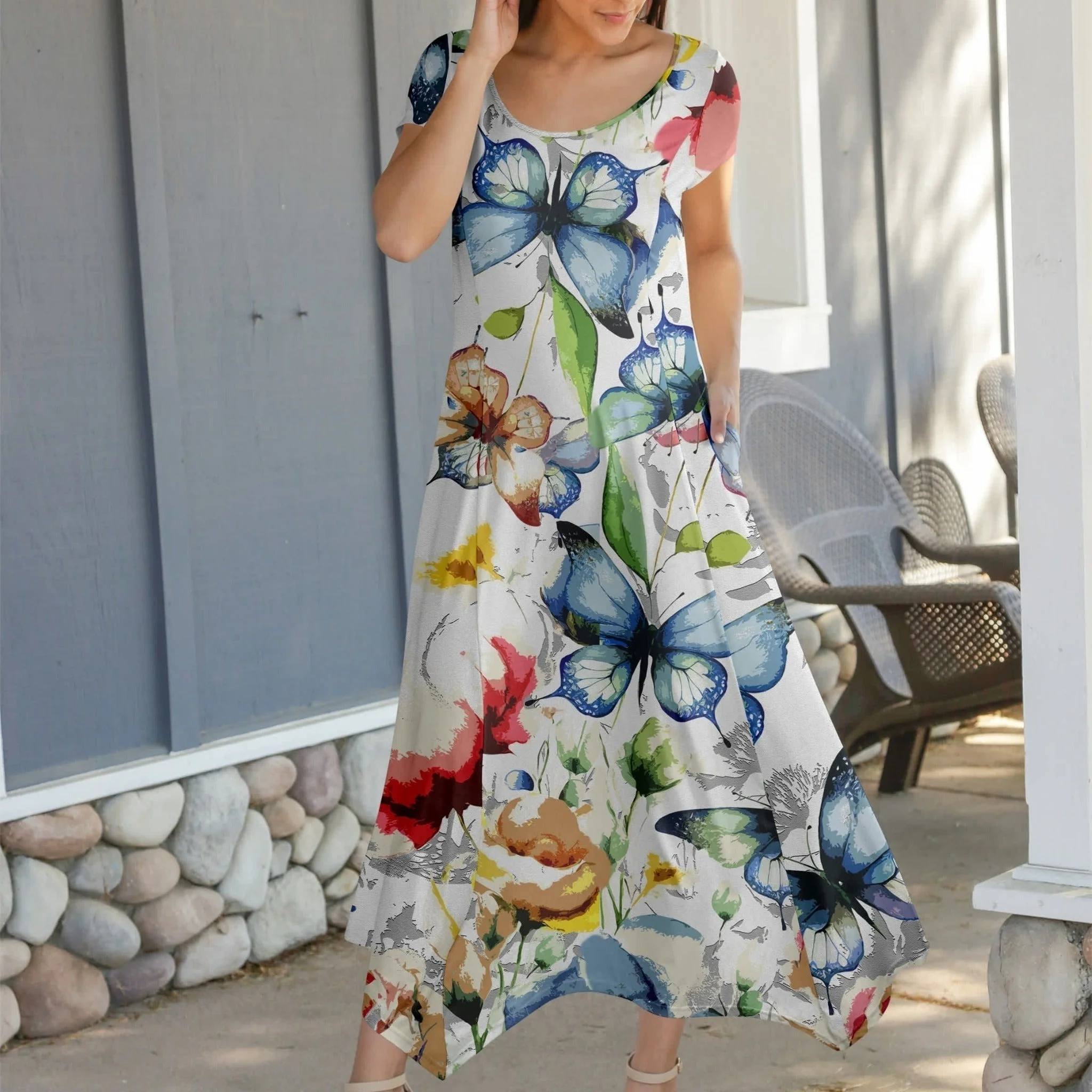 Lily by Firmiana Women's Cap Sleeve Fishtail Maxi Dress Blue & White Floral Abstract