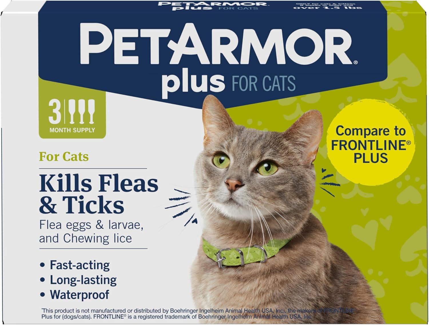 PetArmor Plus Flea & Tick Topical Cats 1.5 lbs+, 3-Month | Ideal for Cats 1.5 lbs+; Kills Fleas, Eggs, Larvae, Ticks & Lice; 3-month supply; Waterproof Cat Topical