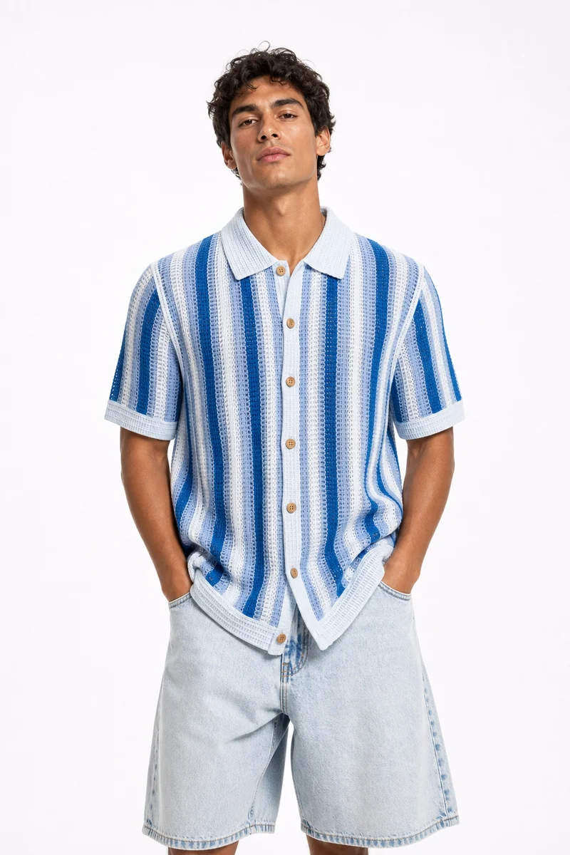 Striped Open Knit Button Down Shirt