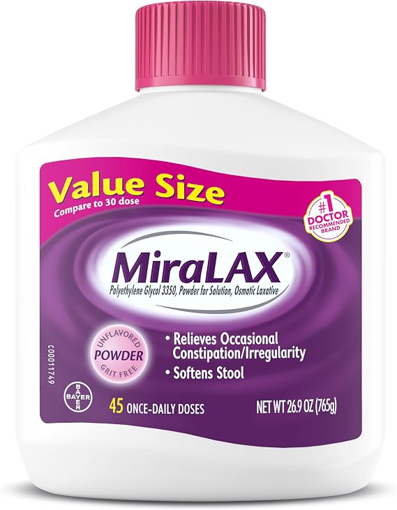 MiraLAX, Laxative Powder, Gentle Constipation Relief for Adults, Stool Softener with PEG 3350, Nonstimulant Laxative, No Harsh Side Effects, Osmotic Laxative, 45 Count