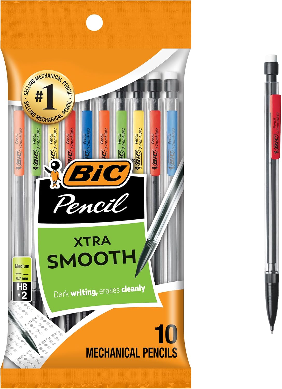 BIC Xtra-Smooth Mechanical Pencils, Medium Point, 0.7mm, 10-Count Pack | With Erasers, Bulk Use for School or Office Supplies, Clean Erasing, Strong Lead, Ideal for Standardized Tests