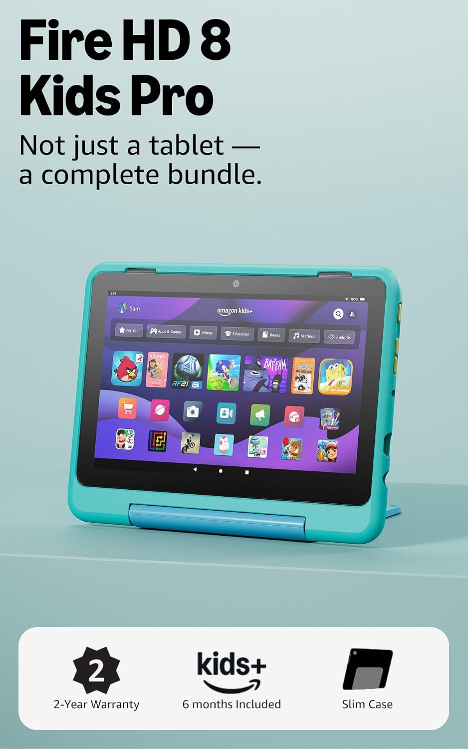 Amazon Fire HD 8 Kids Pro tablet, ages 6-12. Bright 8" HD screen, includes ad-free content, parental controls, 13-hr battery, slim case for older kids, 64GB, Hello Teal, (2024 release)