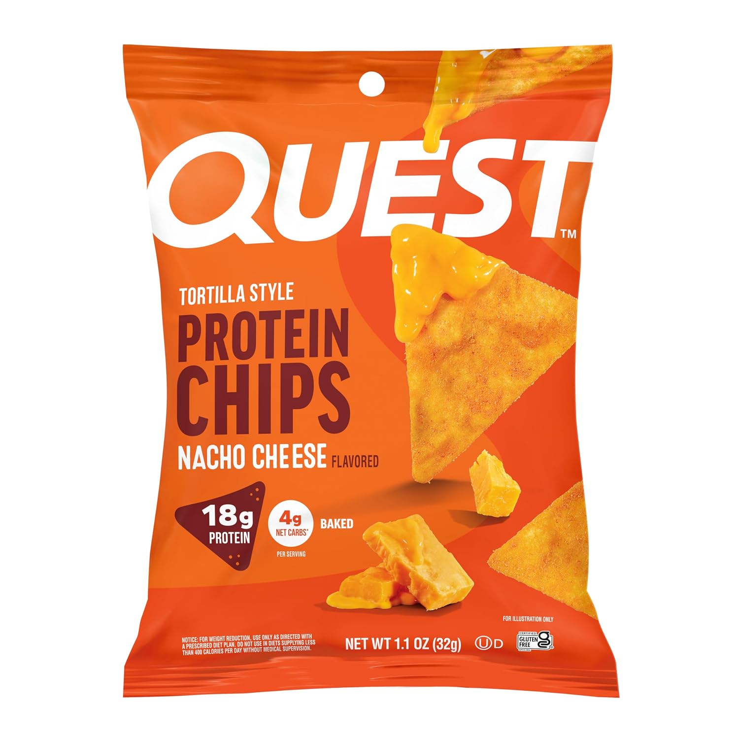 Quest Nutrition Nacho Cheese Tortilla Style Protein Chips, 18g Protein, 4g Net Carb, Low Carb, Gluten Free, 1.1 oz (Pack of 12)