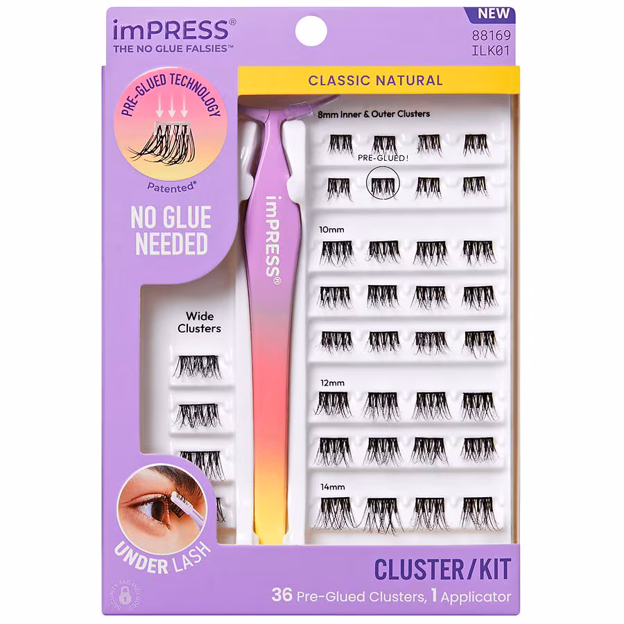Kiss Impress 1-Step Press-On Falsies - No Glue Needed False Eyelash Clusters, Natural Black