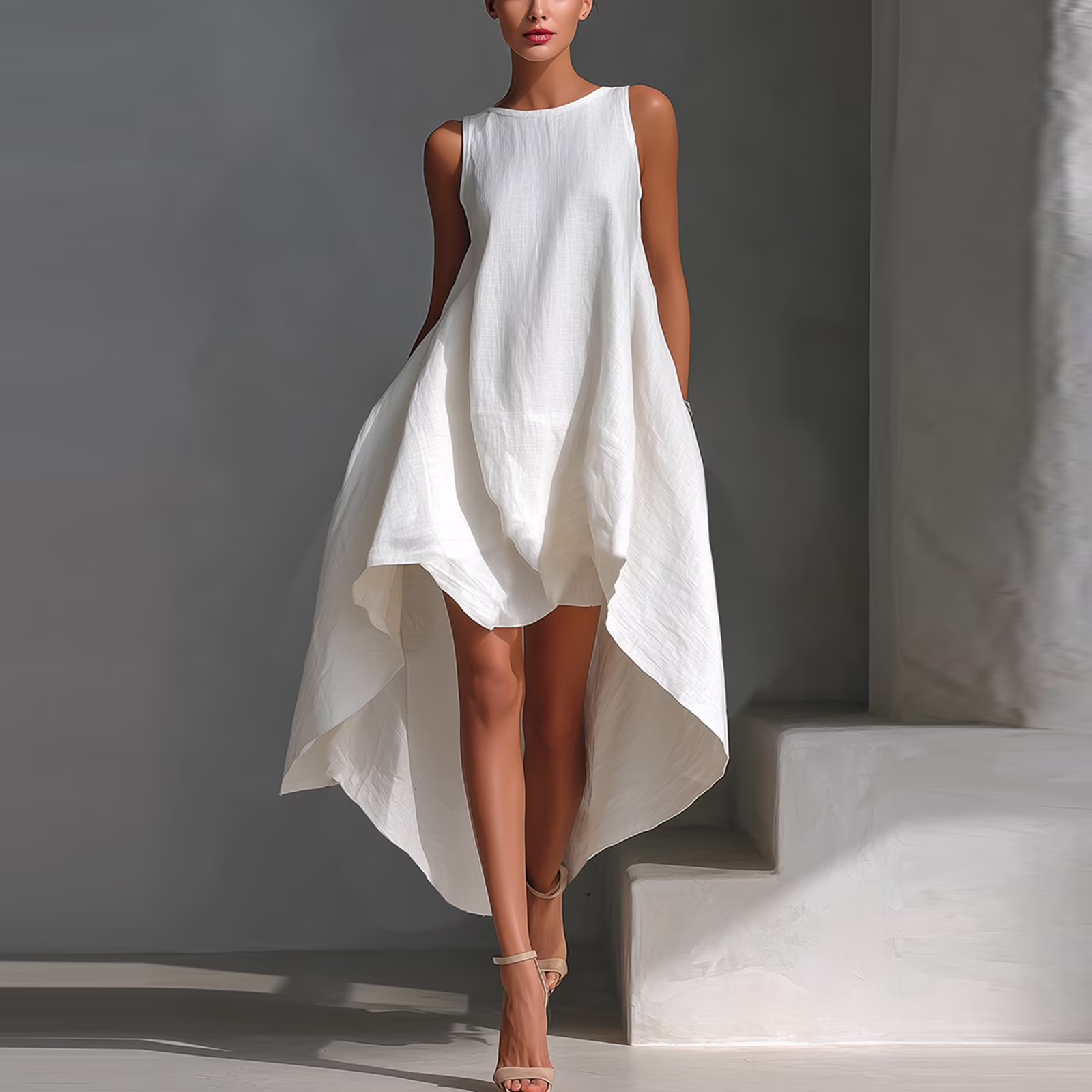 Women's Dresses Sleeveless Round Neck Fashion Linen Casual Loose Solid Color Summer Dress White M