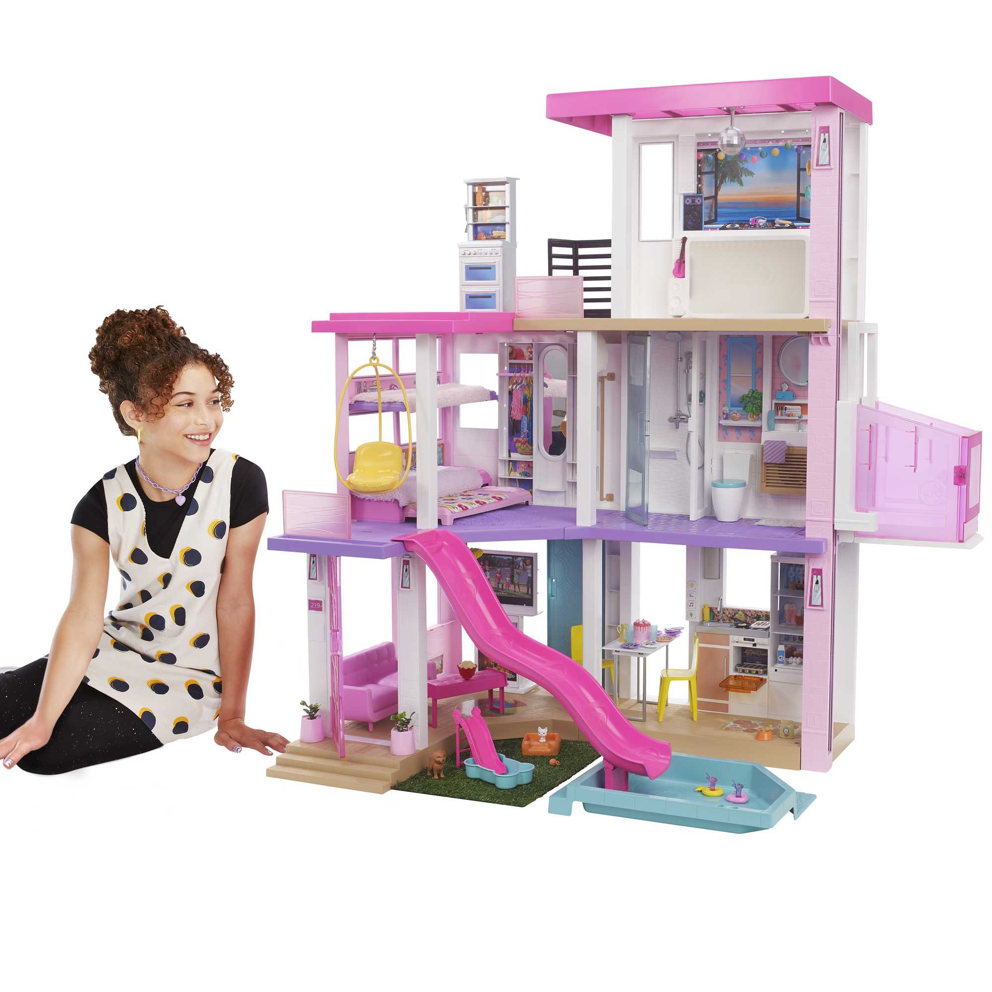 Barbie DreamHouse Dollhouse 2026, 2 Pools, 2 Slides, 2 Houses, Elevator With 3 Levels & 65+ Pieces Including Furniture & Accessories