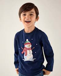 Boys Embroidered Snowman Top - Tartan Remix - blue