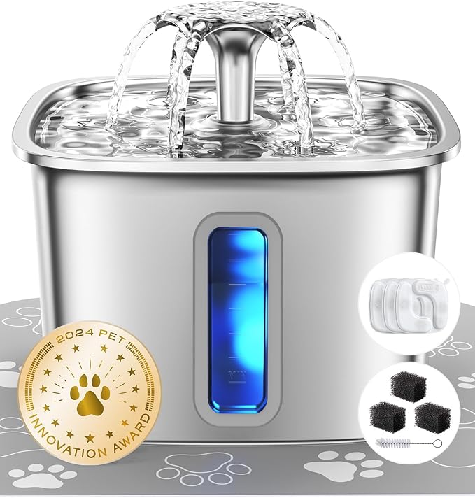 Veken Innovation Award Winner Stainless Steel Cat Water Fountain, 108oz, C1 | Automatic Pet Fountain Dog Water Dispenser with 3 Replacement Filters & Silicone Mat, Gifts for Cats, Dogs (Silver)
