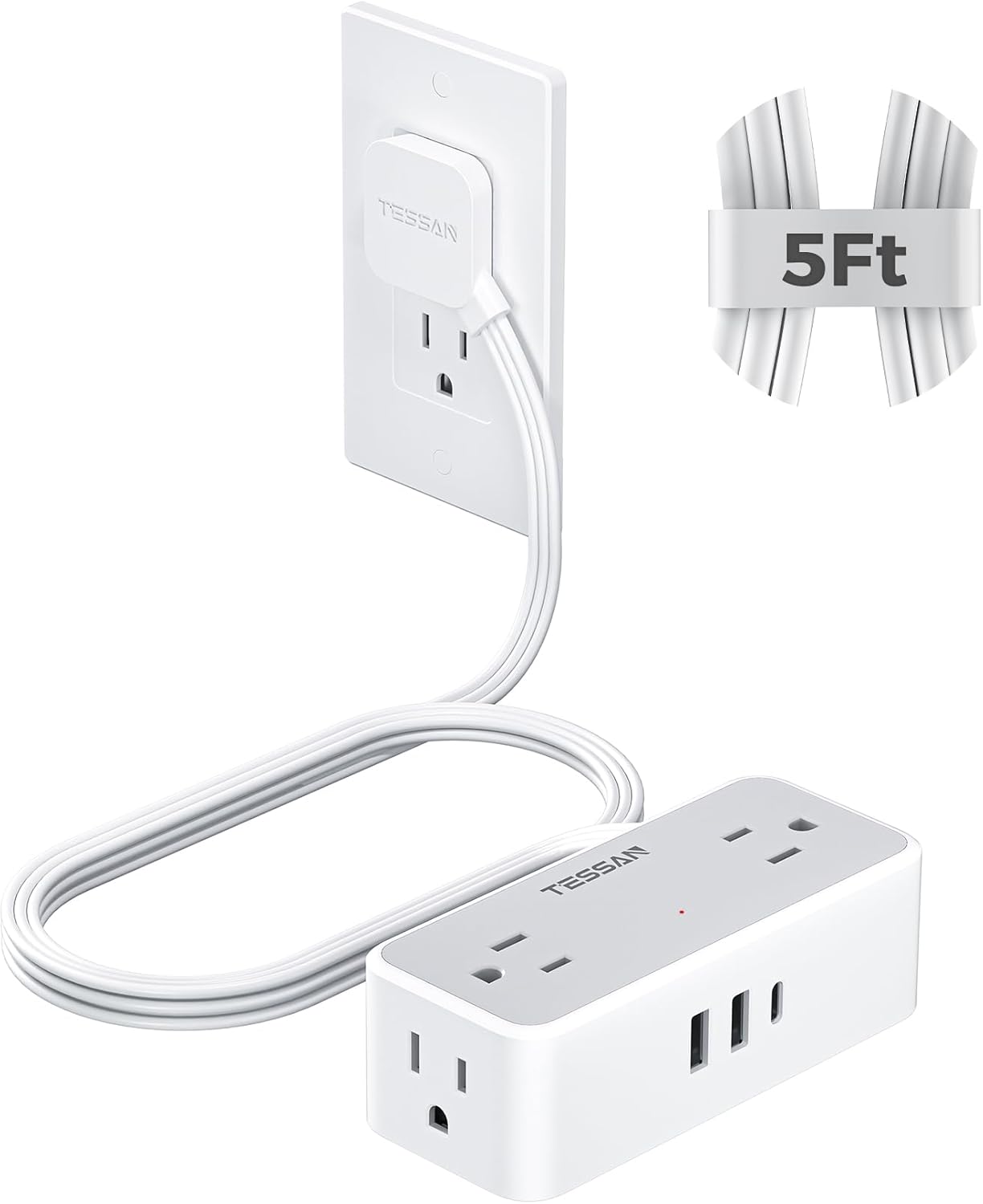 TESSAN Extension Cord 5 FT, Power Strip with 900J Surge Protection, Grey