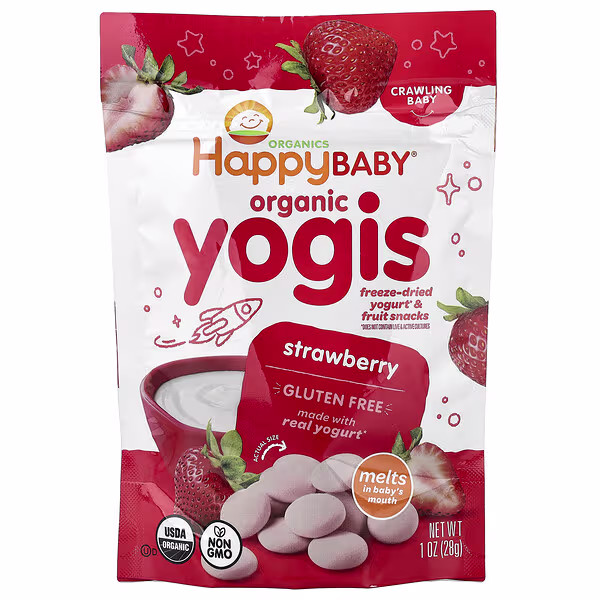 Happy Family Organics, Happy Baby® , Organic Yogis, Freeze Dried Yogurt & Fruit Snacks, Crawling Baby, Strawberry, 1 oz (28 g)