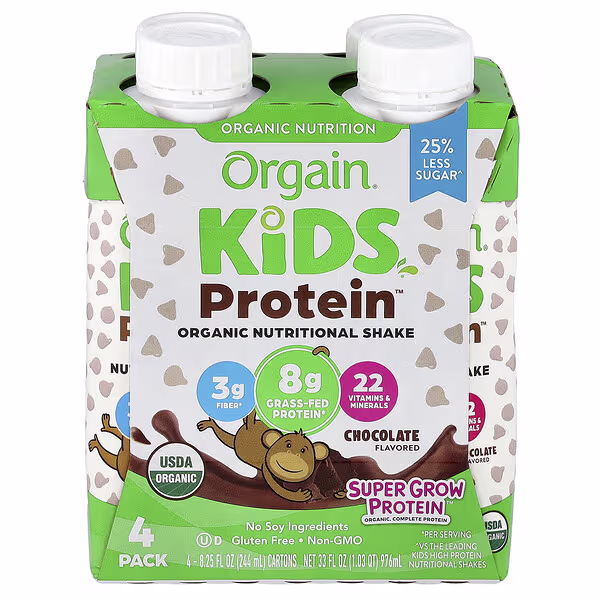 Orgain, Kids Protein™ , Organic Nutritional Shake, Chocolate, 4 Pack, 8.25 fl oz (244 ml) Each