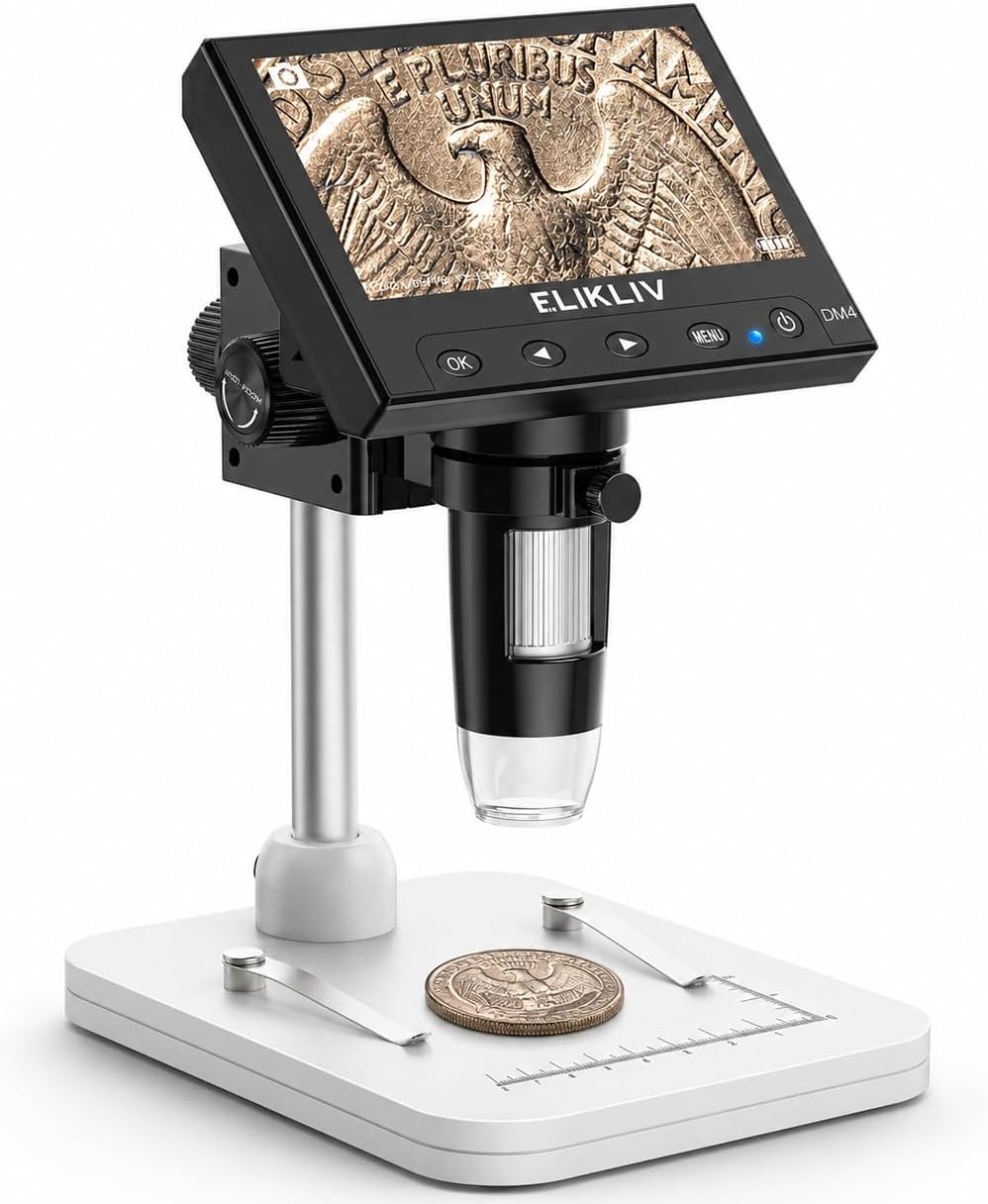 Elikliv Microscope, Digital Coin Microscope 1000x with Lights, EDM4, 4.3'' | 8 Adjustable LED Lighting, 720P LCD Microscope, Built-in Rechargeable Battery, Take Photos/Videos, Windows/MacBook Compatible