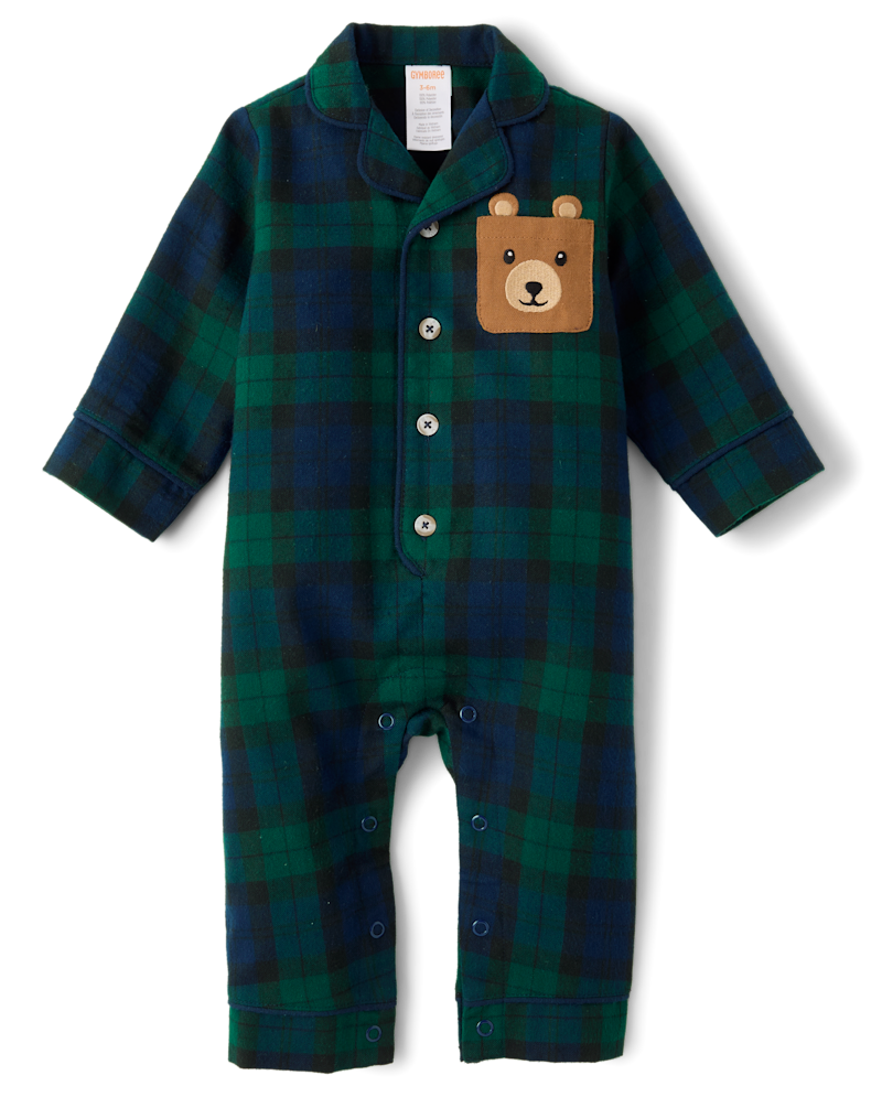 Baby Long Sleeve Plaid Flannel One Piece Pajamas