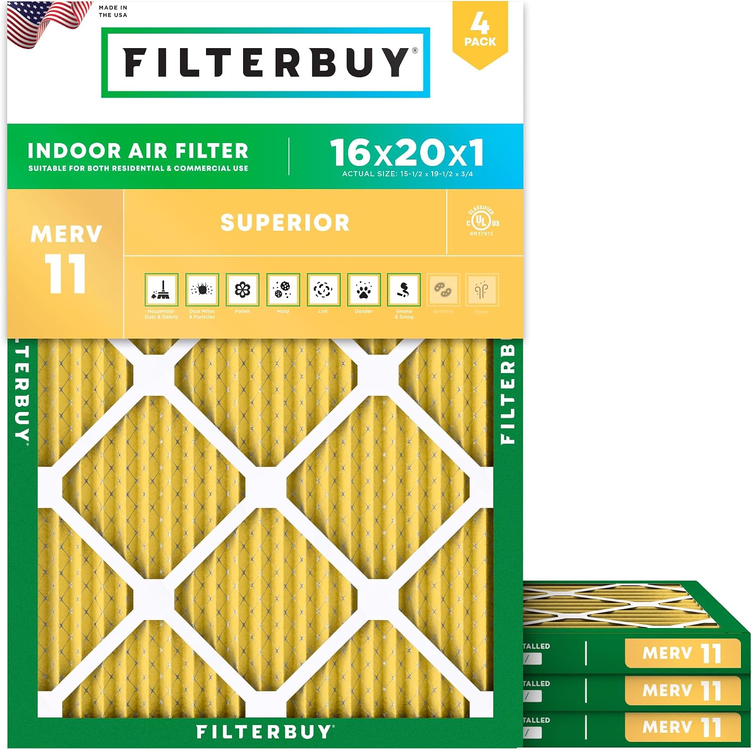 Filterbuy 16x20x1 Air Filter MERV 11 Pet & Allergy Defense (4-Pack) | Electrostatic Pleated HVAC AC Furnace Filters Replacement, Made in USA (Actual Size: 15.50 x 19.50 x 0.75)