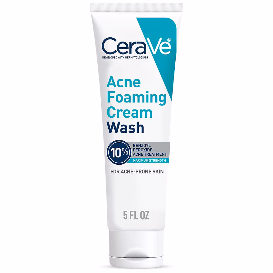 CeraVe Acne Foaming Cream Wash with 10% Benzoyl Peroxide for Face and Body Fragrance Free, 5.0 fl oz