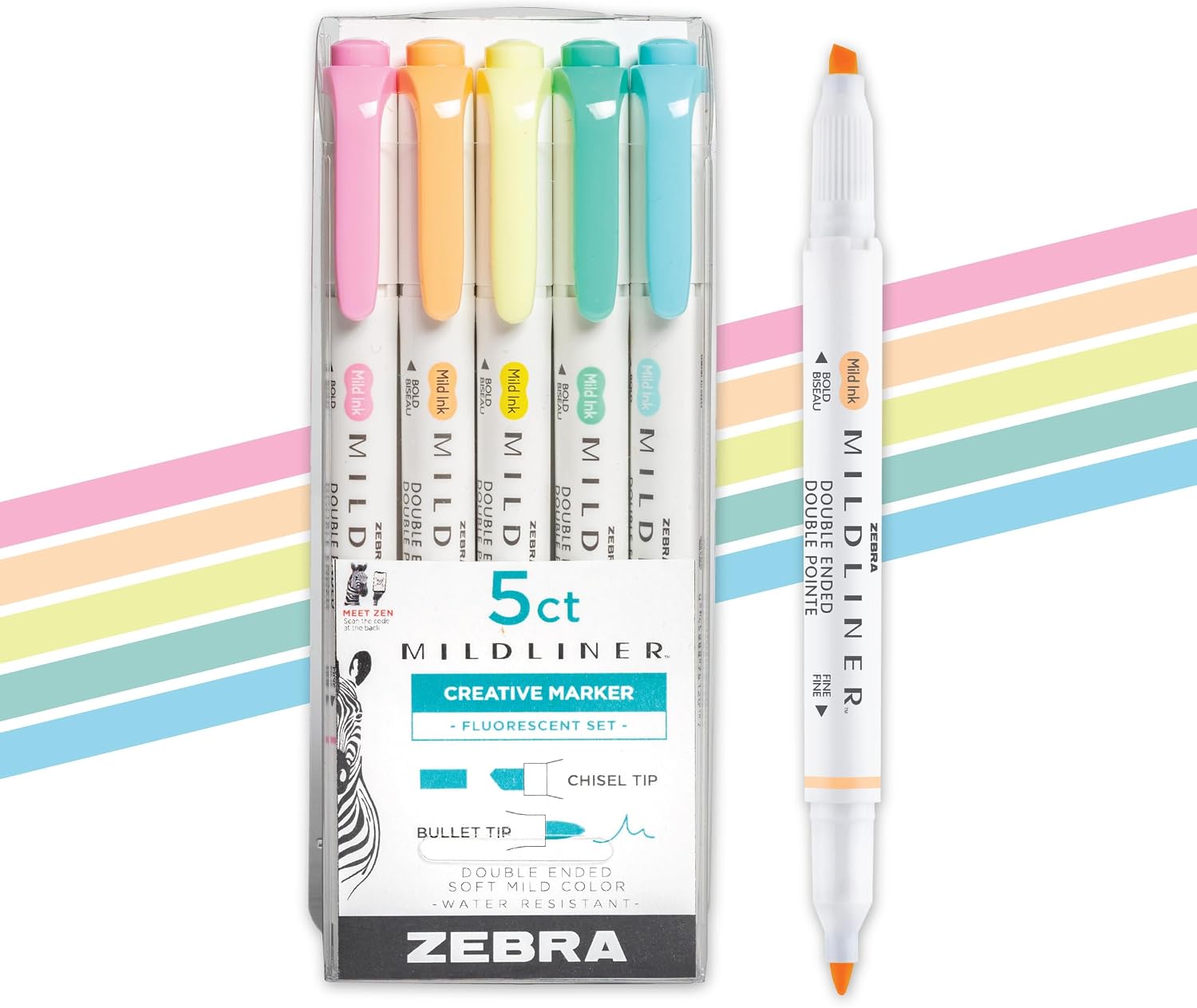 Zebra Pen MILDLINER No Bleed Highlighter, Assorted, Dual Tip, 5-Pack | Broad and Fine Point Tip Marker Set, Ideal for Bible Highlighting, Journaling, School, Teacher and Office Supplies (78105)
