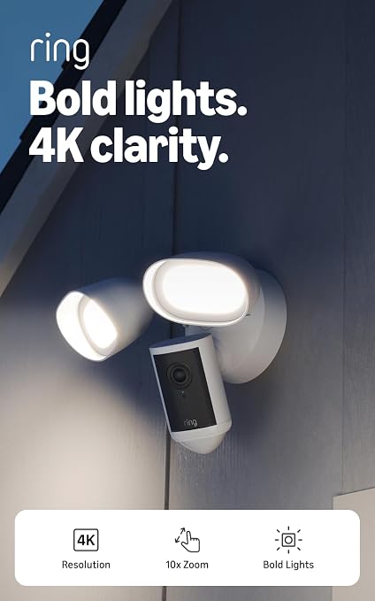 Ring Floodlight Cam 4K Pro (newest model), Wired, Retinal 4K with wide-angle video, 10x Enhanced Zoom, and 2000 Lumen Floodlights, White