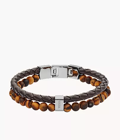 Beaded Tiger's Eye and Brown Leather Bracelet