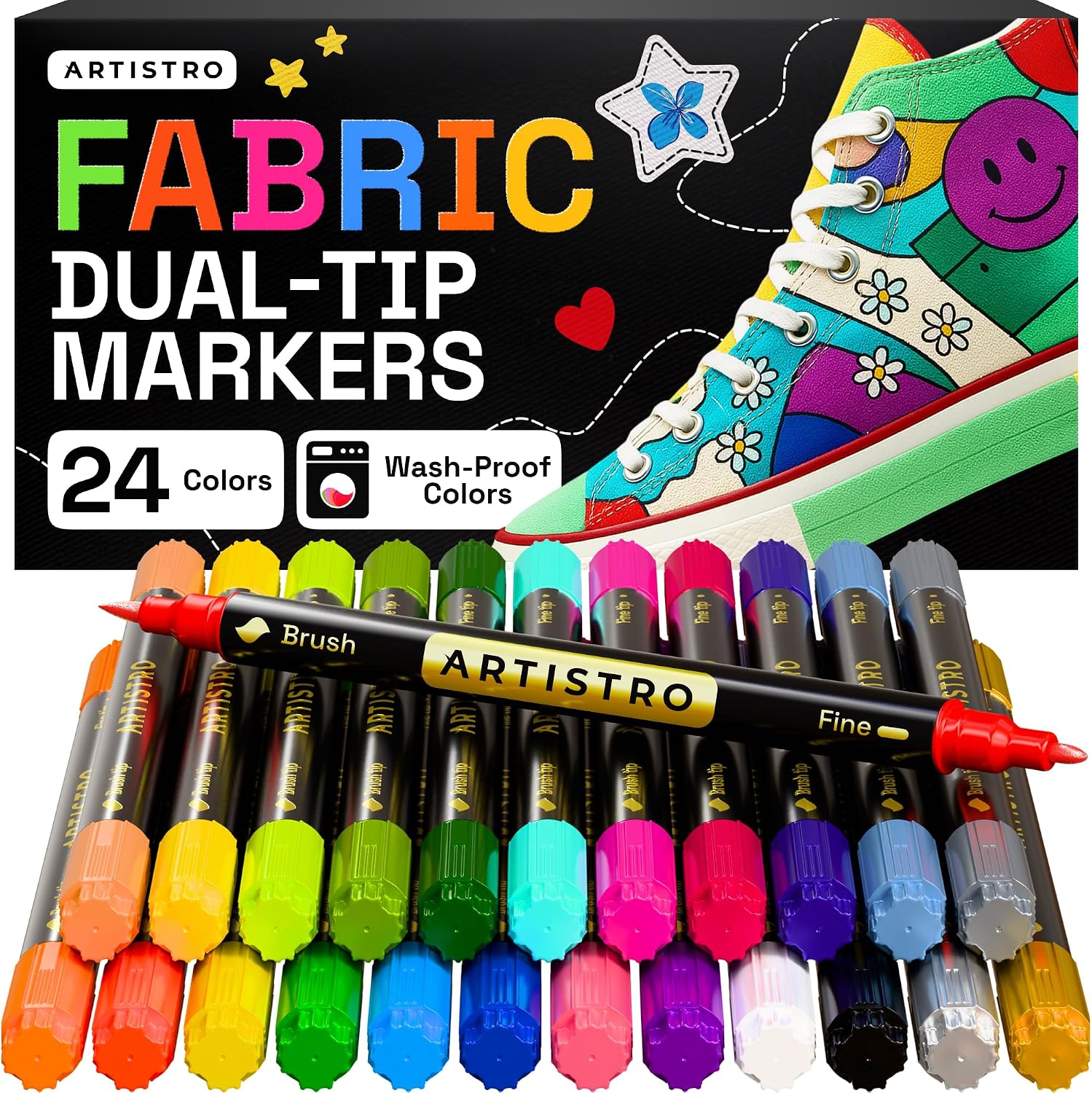 ARTISTRO 24 Multicolor Dual-Tip Fabric Markers Decorating Kit, for Clothes | Brush & Fine Tip, Acrylic Paint Pens for Sneakers, Bags, Shoes, Textiles, Canvas, Sewing, Craft, & DIY