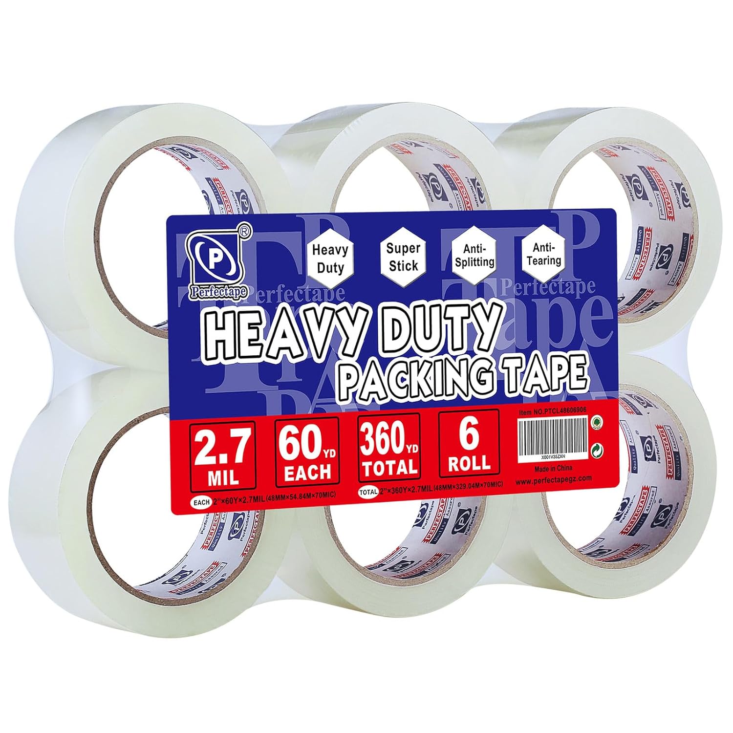 P PERFECTAPE Heavy Duty Packing Tape 6 Rolls, Clear, 2.7 mil, 1.88" x 60Y | Total 360Y, Ultra Strong, Refill for Packaging and Shipping