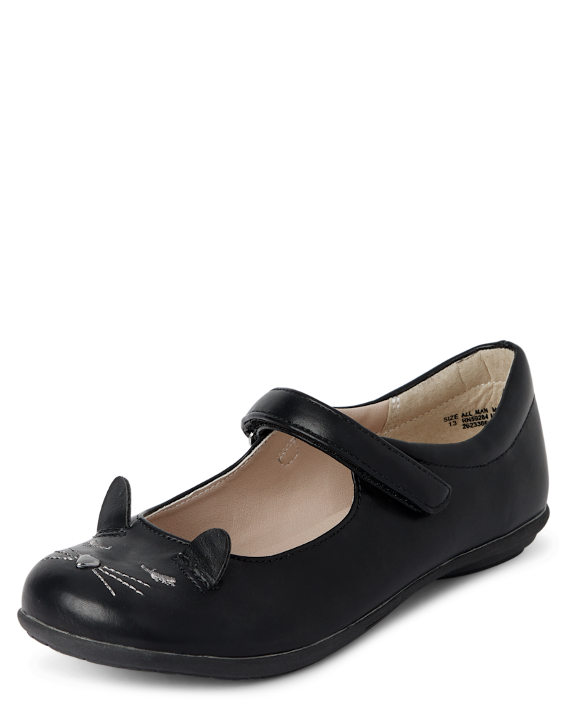 Girls Embroidered Cat Mary Jane Shoes - black