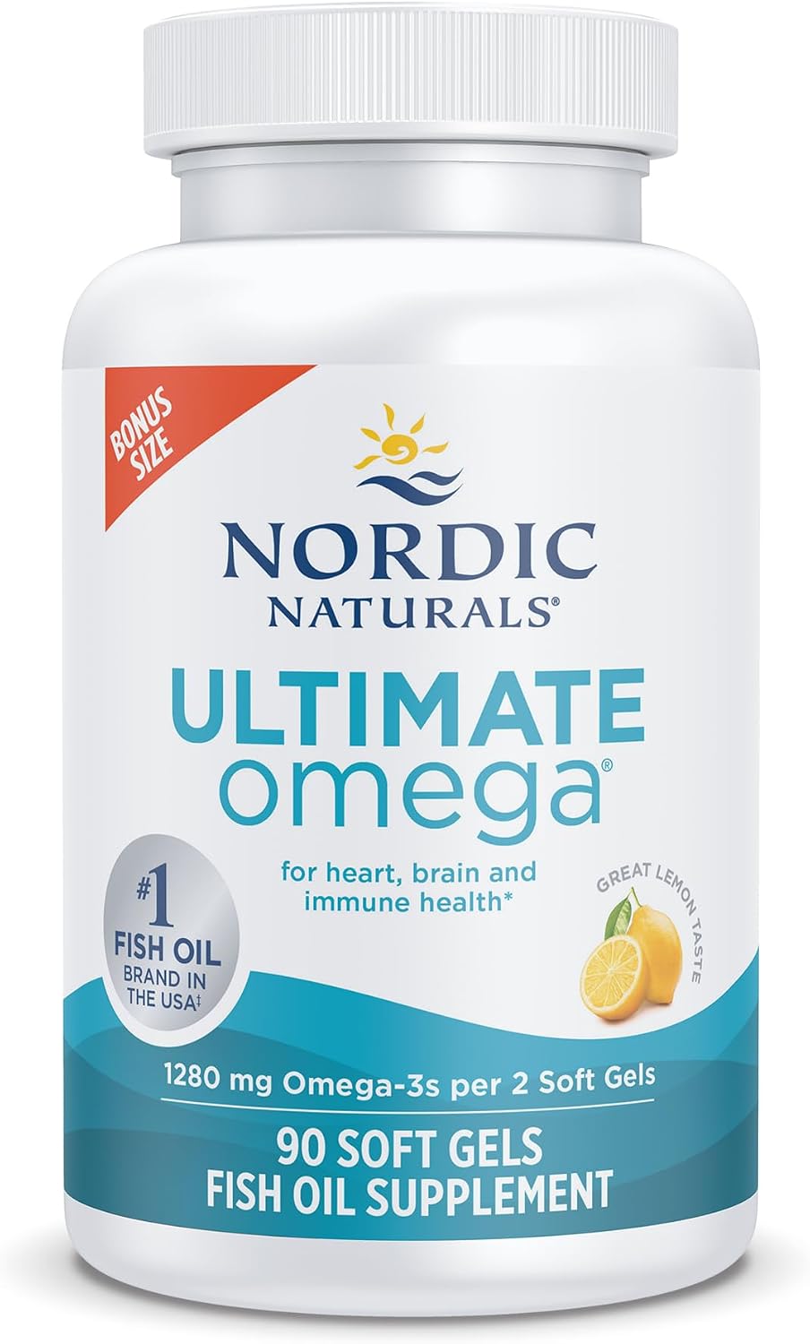 Nordic Naturals Ultimate Omega, 1280mg Omega-3 Fish Oil, Lemon - 90 Count | High-potency Omega-3 Fish Oil with EPA & DHA supports brain & heart health. Non-GMO, burpless formula. 45 servings.
