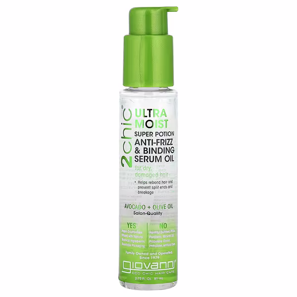 Giovanni, 2chic® , Ultra-Moist Super Potion Anti-Frizz & Binding Serum Oil, For Dry, Damaged Hair, Avocado + Olive Oil, 2.75 fl oz (81 ml)