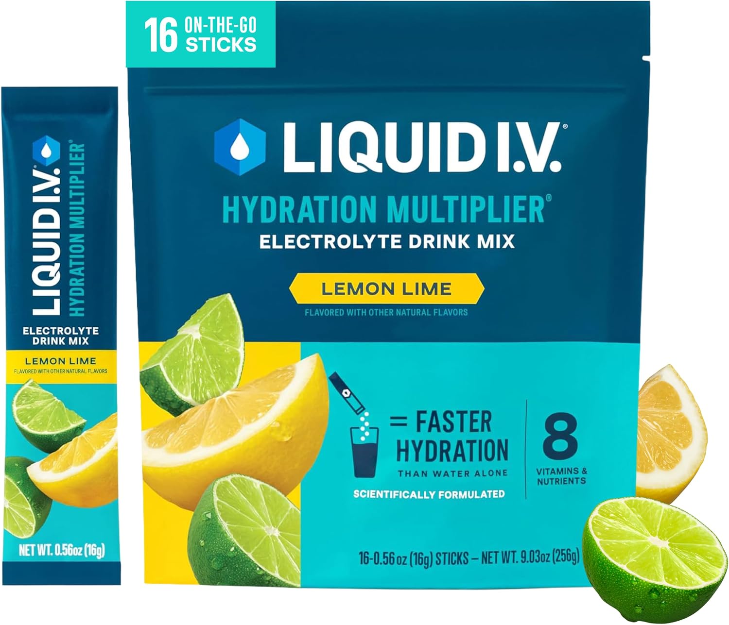 Liquid I.V. Hydration Electrolytes, Lemon Lime, 16 Count | Scientifically Formulated | Clinically Proven Hydration | No Artificial Sweeteners | Non-GMO | Vegan | Powder Drink Mix
