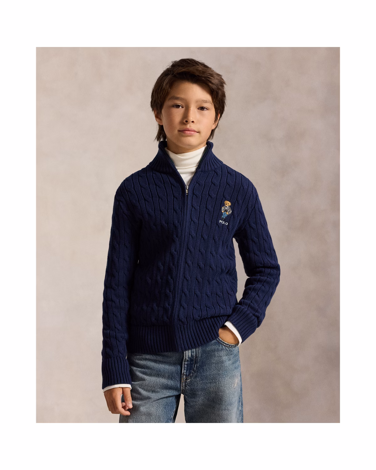 Polo Bear Cable Cotton Full-Zip Sweater