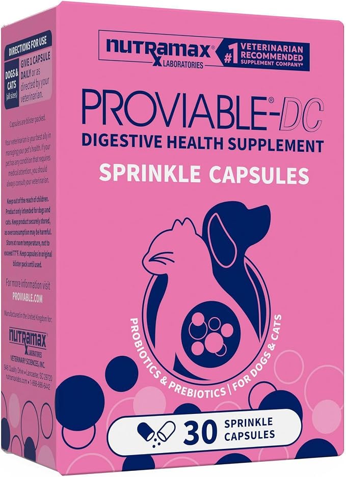 Nutramax Proviable Probiotics for Dogs & Cats, Sprinkle Capsules, 30ct | Probiotics for Cats and Dogs, Plus Prebiotics, Daily Gut Health Support Supplement, Multiple Strains, Sprinkle on Food