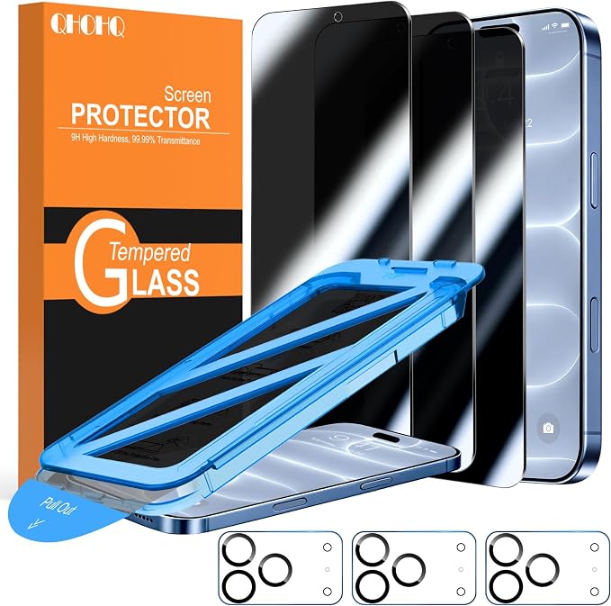 QHOHQ for iPhone 18 Pro Privacy Screen Protector, 9H+ Tempered Glass, 3+3P | Anti Spy, with Camera Lens Protector, Auto-Align Bubble Free Installation, Military Grade Shatterproof, Case Friendly