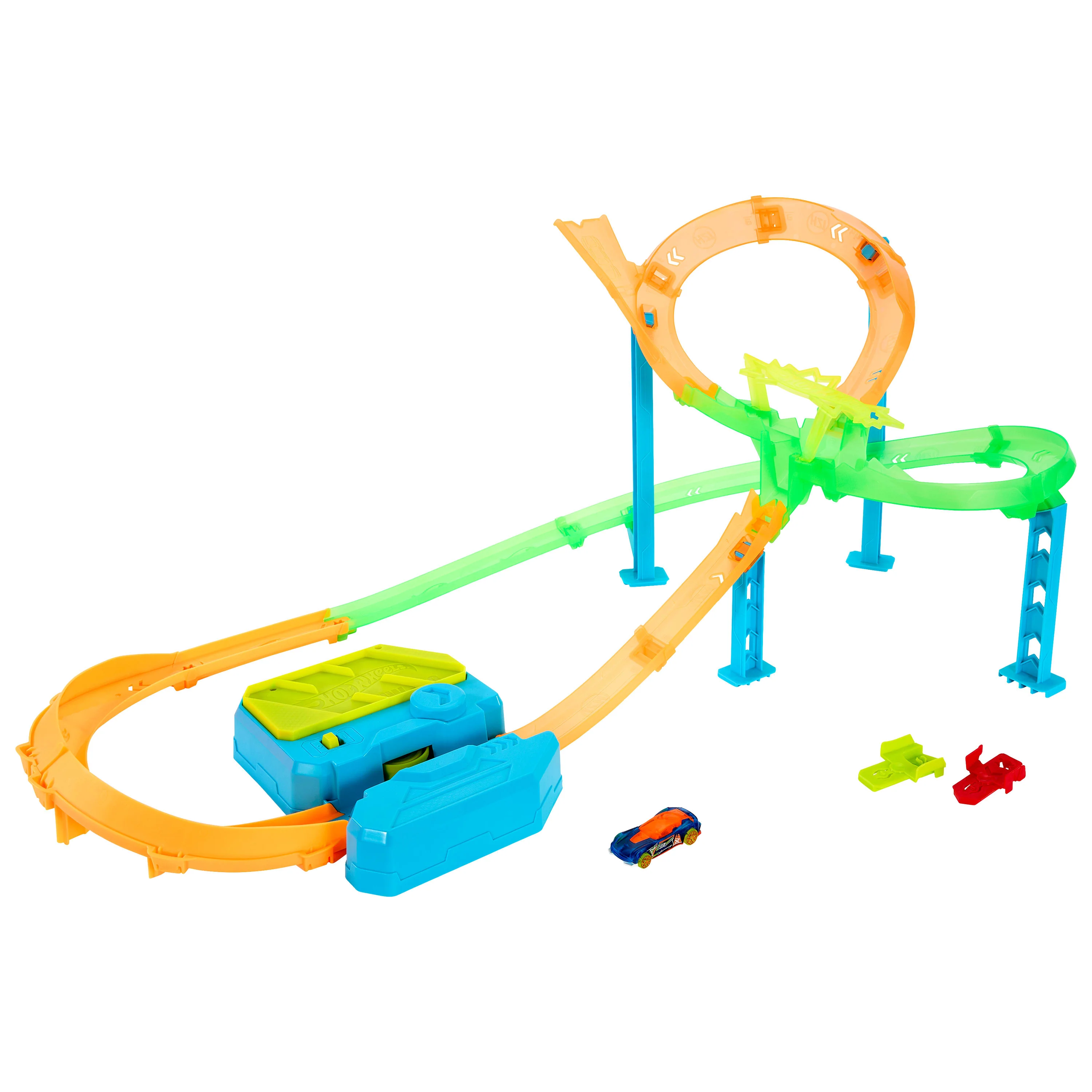 Hot Wheels Neon Speeders Tornado Jump Crash Track Set With Motorized Booster & Toy Car