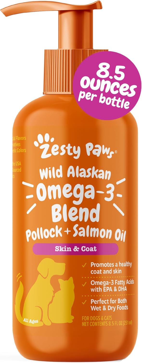 Zesty Paws Salmon Oil for Dogs & Cats - Omega 3 for Dogs 8.5oz | Fish Oil for Dogs and Cats - Omega-3 Blend Pollock + Salmon Oil - for Skin and Coat Support, Omega 3 Supplement for Pets