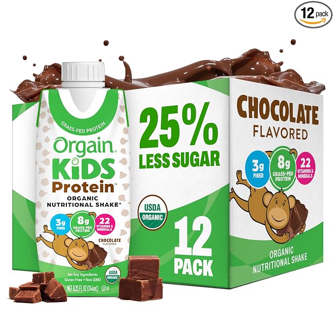Orgain Organic Kids Dairy 8g Protein Shake, Chocolate, 8.25 oz, 12pk | Nutritional drink, grass-fed protein, 22 vitamins & minerals, 3g fiber, non-GMO, no soy, healthy snack for picky eaters