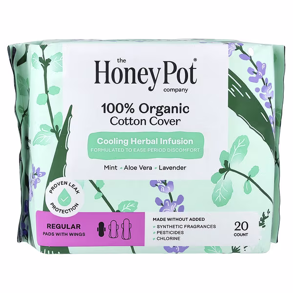The Honey Pot Company, Organic Cooling Herbal Infusion, Pads with Wings, Regular, 20 Count