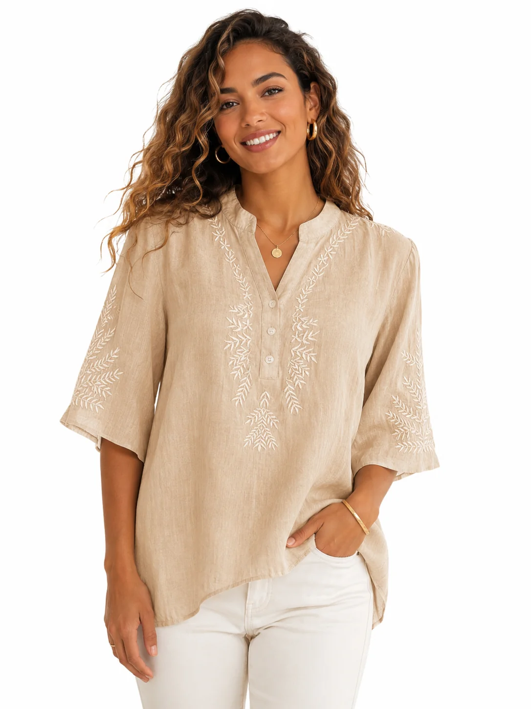 Chic YC Women's Embroidery V-Neck Half Sleeve Blouse Loose Summer Casual Boho Style Shirt