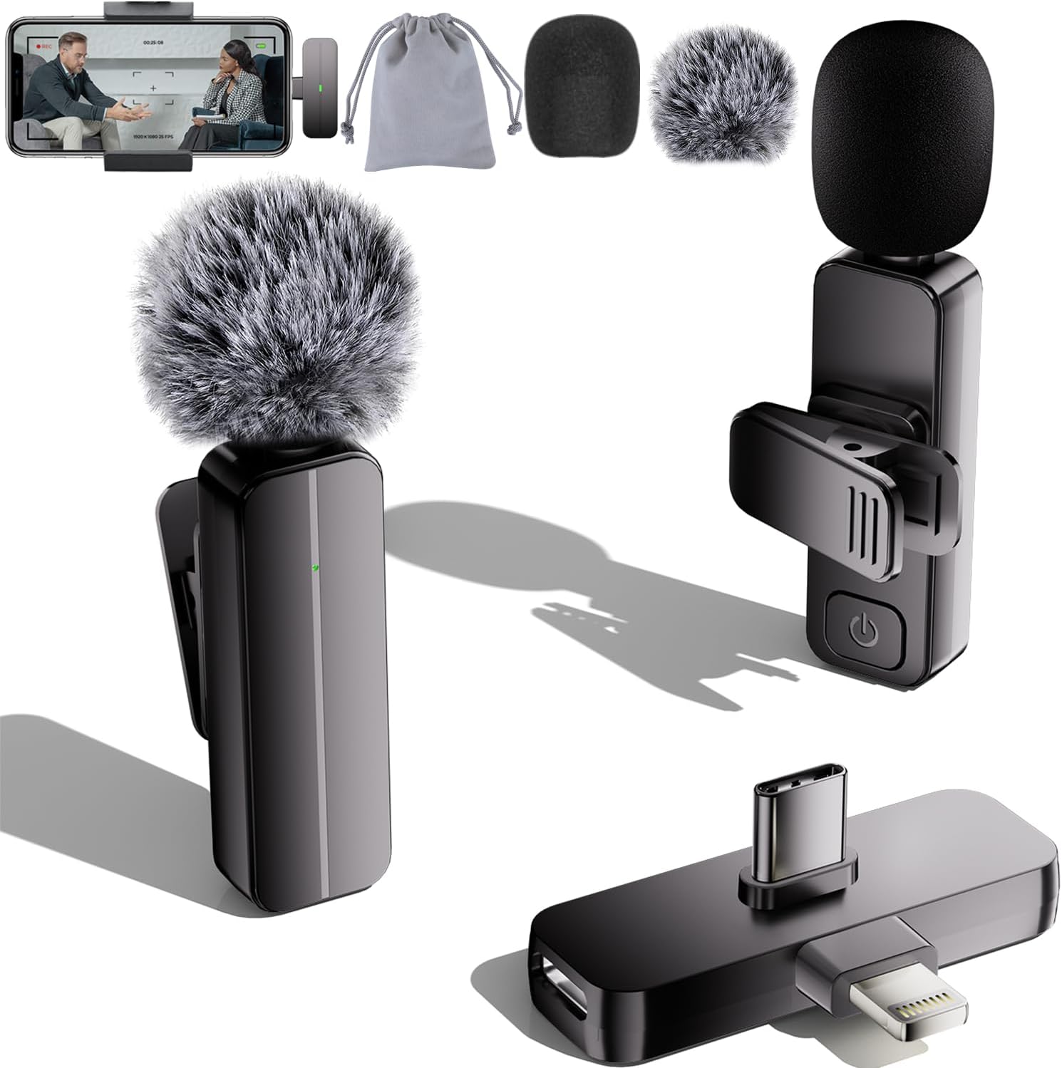 Bulatry 2-Pack Wireless Mini Lavalier Microphone for iPhone,Android Phone - 65ft Cordless Clip on Mics with Noise Reduction 6H Working Time for Video Recording